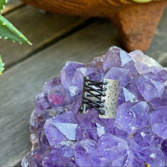 HAND-FORGED Sterling Silver Corset Ring Laced with Leather Size 6-6.5 - Picture 5 of 6